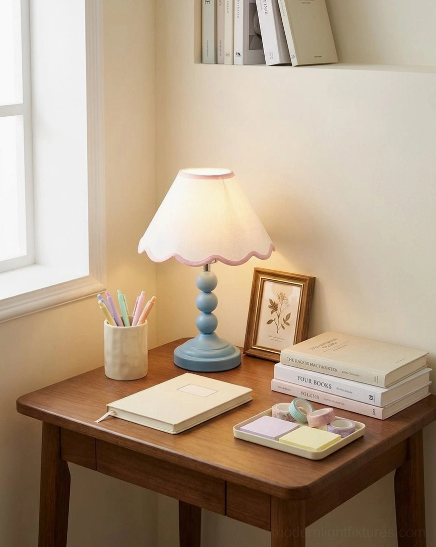 Skylisse table lamp full product shot showing dimensional view of stacked-sphere base and white scalloped shade construction