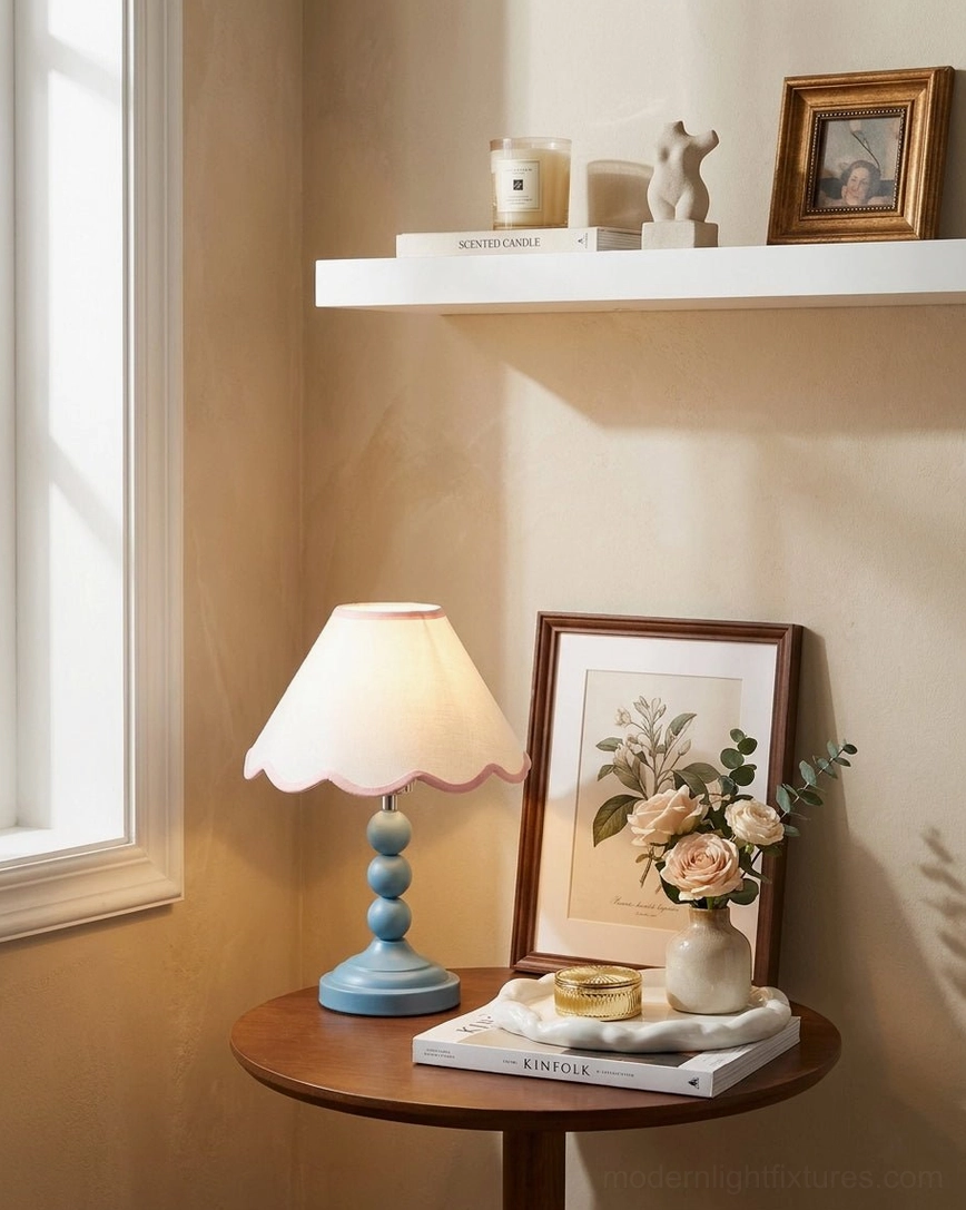 Skylisse table lamp on home side table corner with framed artwork, candle and floral botanical decor arrangement