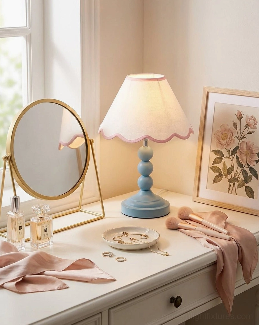 Skylisse table lamp on vanity dressing table with makeup mirror, skincare accessories, and cosmetic display