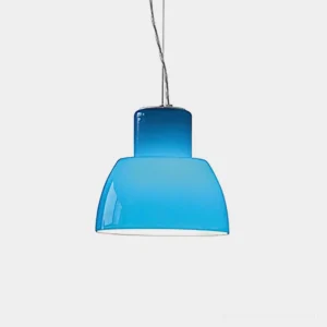 Blue hand-blown glass pendant light with translucent gradient finish, front studio view