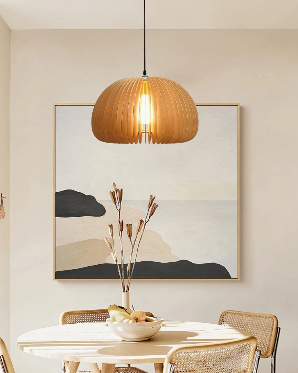 Natural wood slatted pumpkin pendant lamp creating warm atmospheric lighting