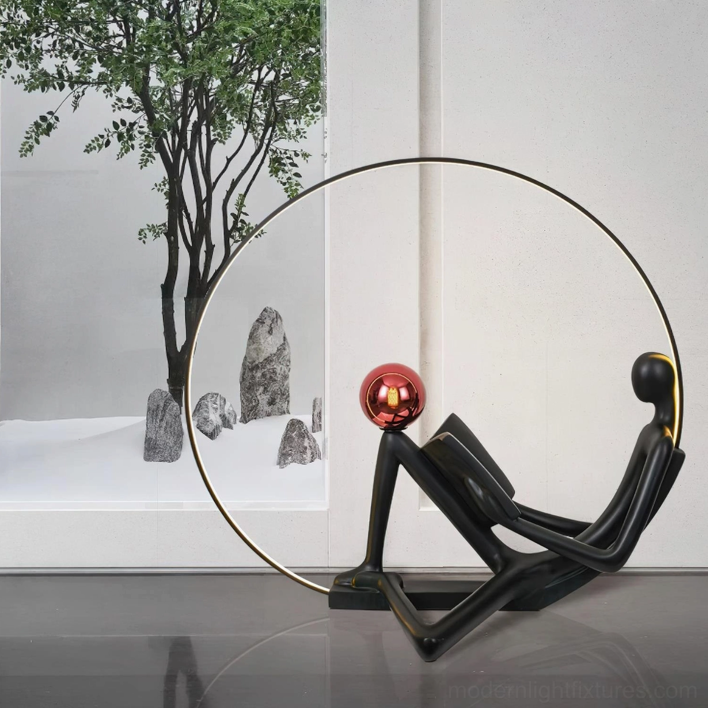 Sleek black reading figure floor lamp with red accent, minimalist modern interior design lighting solution