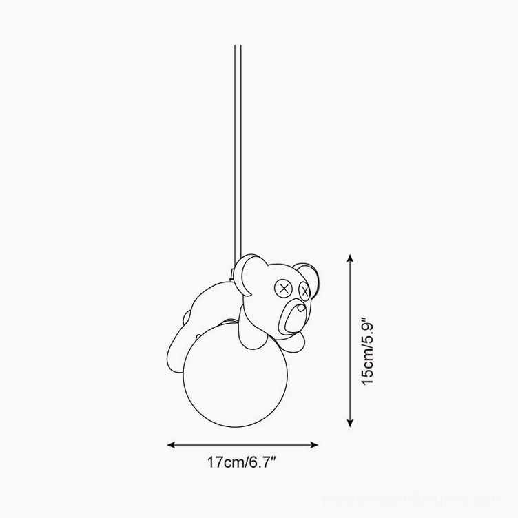 Technical dimension sketch of sleepy bear pendant light showing 17cm diameter and 15cm height measurements