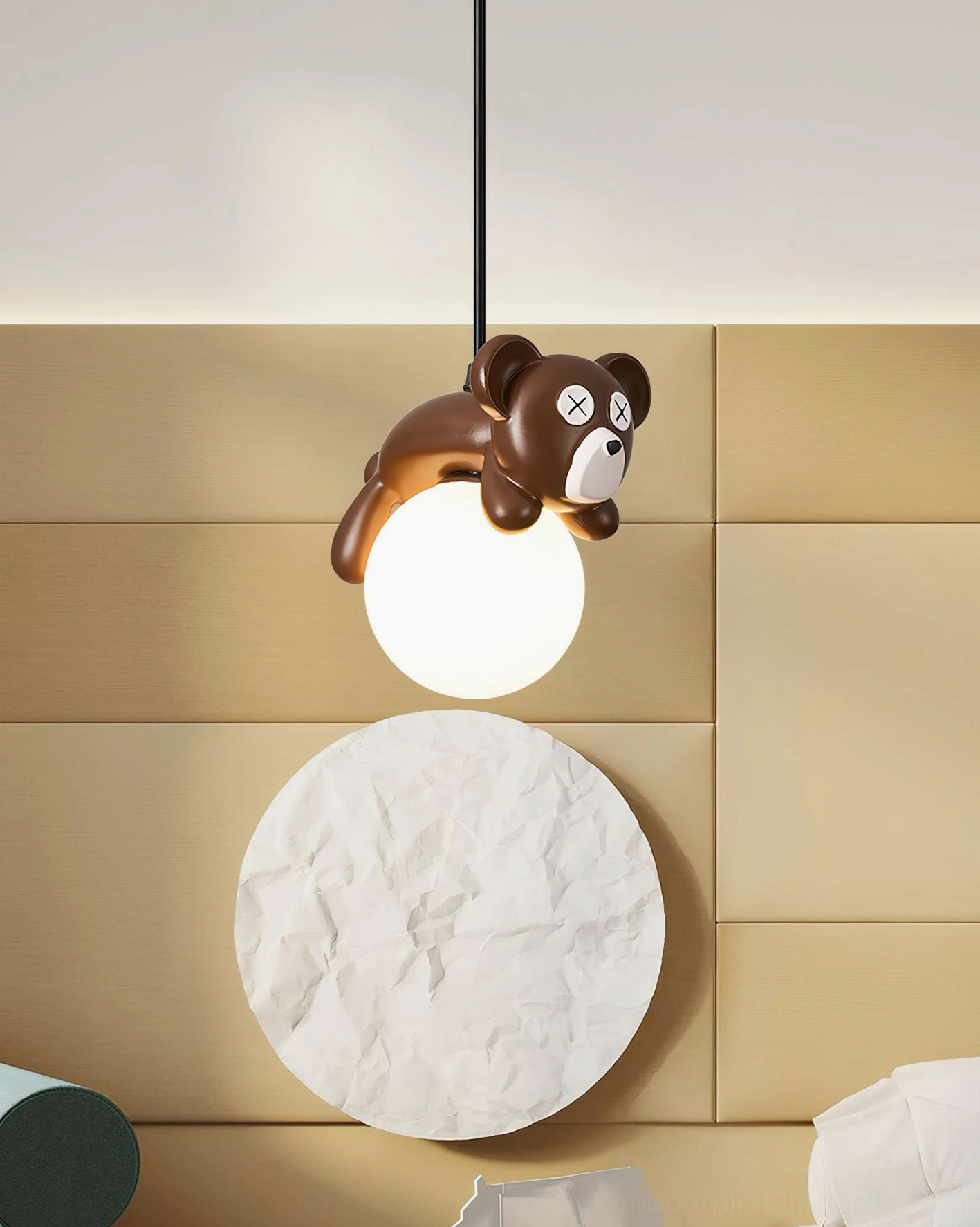 Sleepy Bear pendant light installed in warm modern bedroom interior with textured wall decor accent