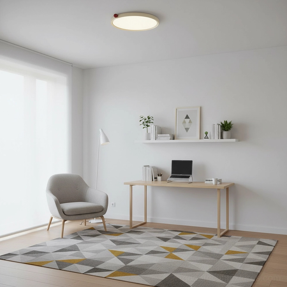 Slim profile LED ceiling light installed in contemporary bedroom creating soft warm illumination