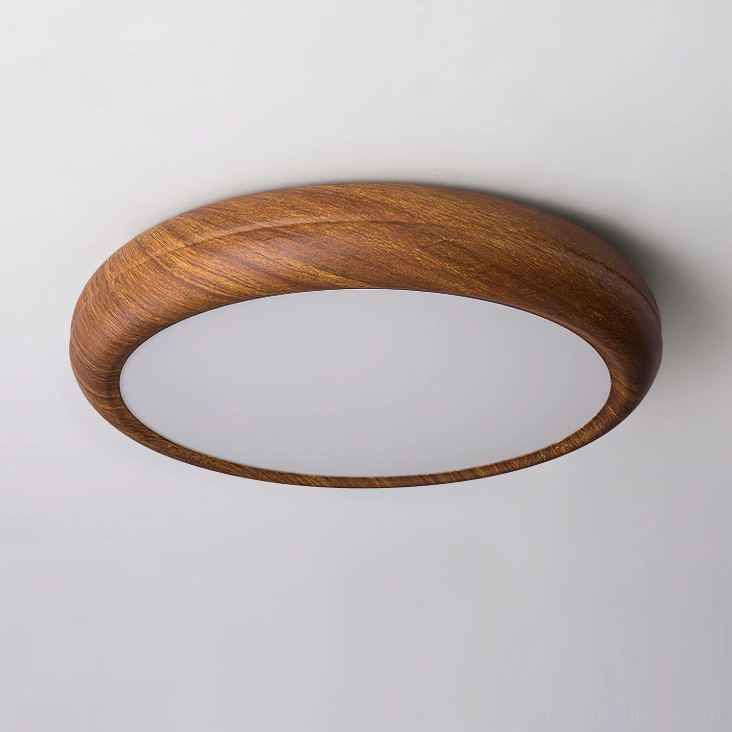 Walnut wood grain round ceiling light showing slim 9cm profile, space-efficient installation