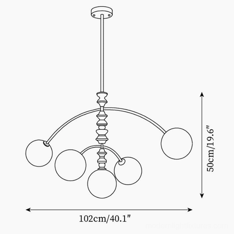 Technical specification drawing of 5-head large arc chandelier with 102cm span and 50cm height measurements