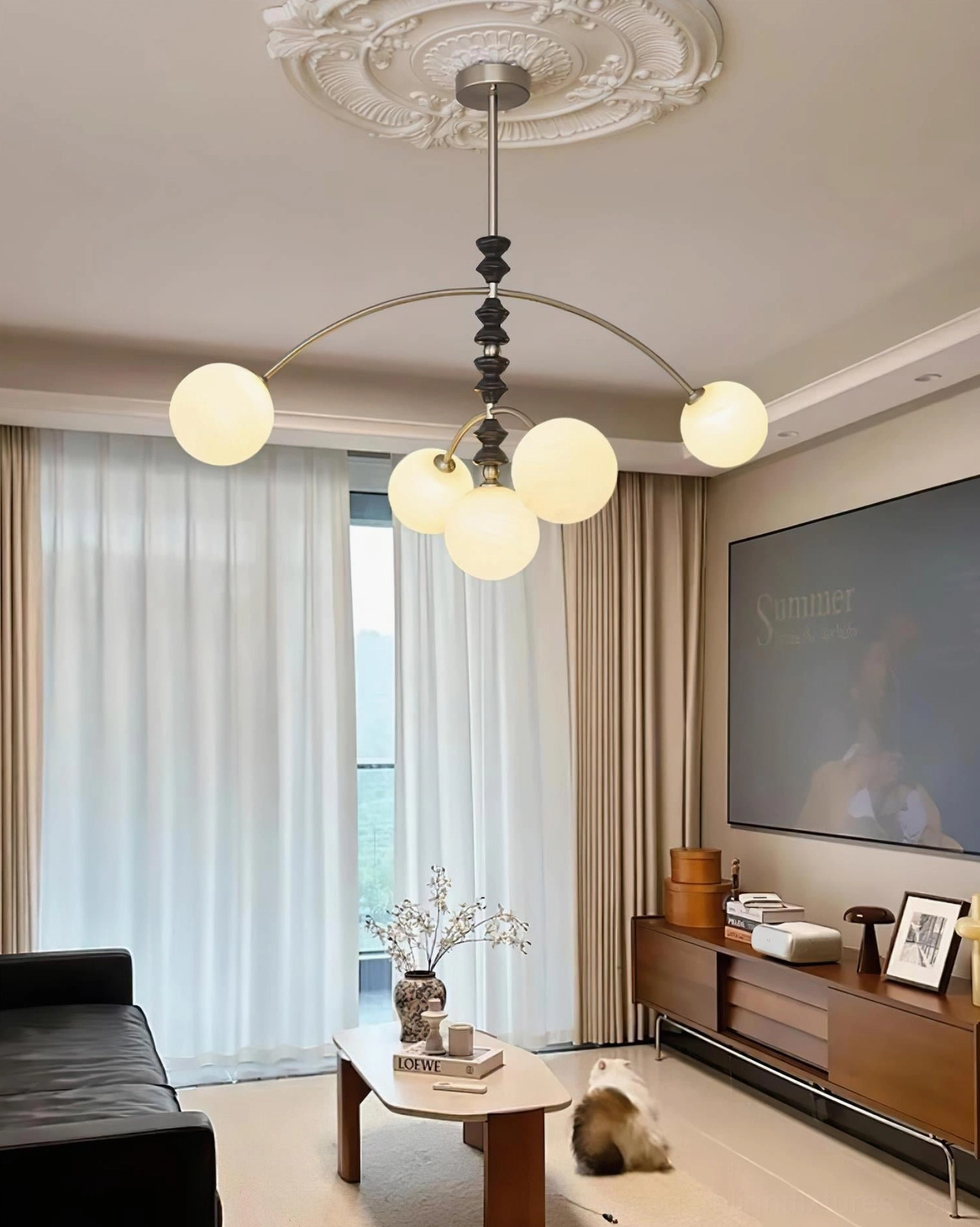 Multi-head arc chandelier with detailed metal framework and curved arm construction