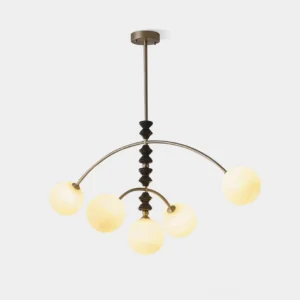 Sloane arc chandelier with frosted glass globes and black nickel metal frame, front view on white background