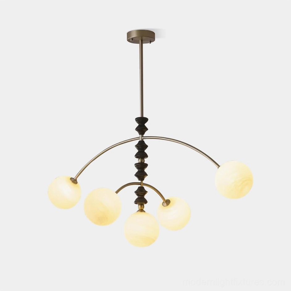 Sloane arc chandelier with frosted glass globes and black nickel metal frame, front view on white background