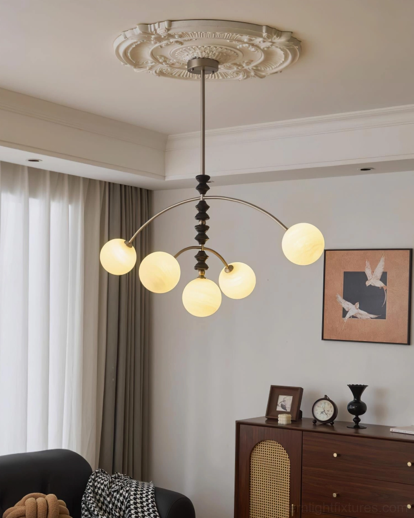 Sloane arc chandelier full assembly view showing all component details and construction quality