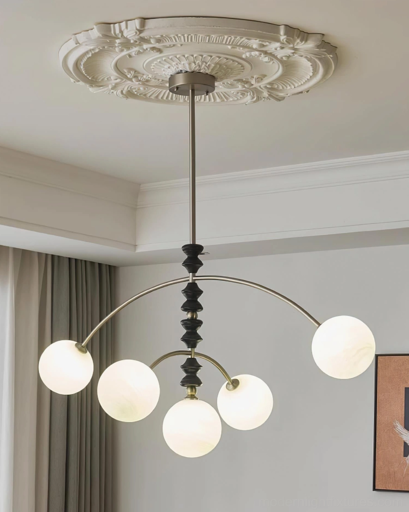 Arc chandelier globe shades and socket configuration close-up technical view