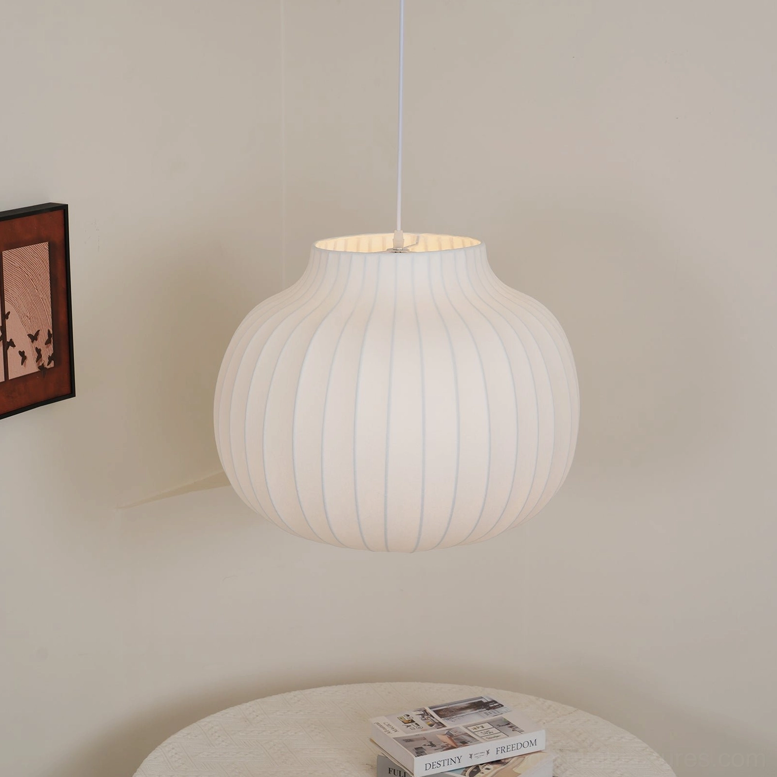 Contemporary fabric pendant light suitable for sloped ceiling installation up to 30 degrees