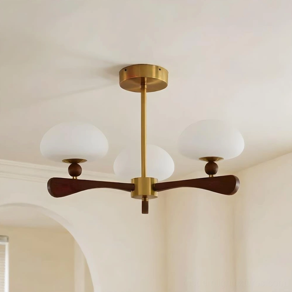Small 3-light mid-century modern sputnik chandelier with walnut ash wood arms, gold-tone hub, and frosted opal glass shades—compact dining fixture