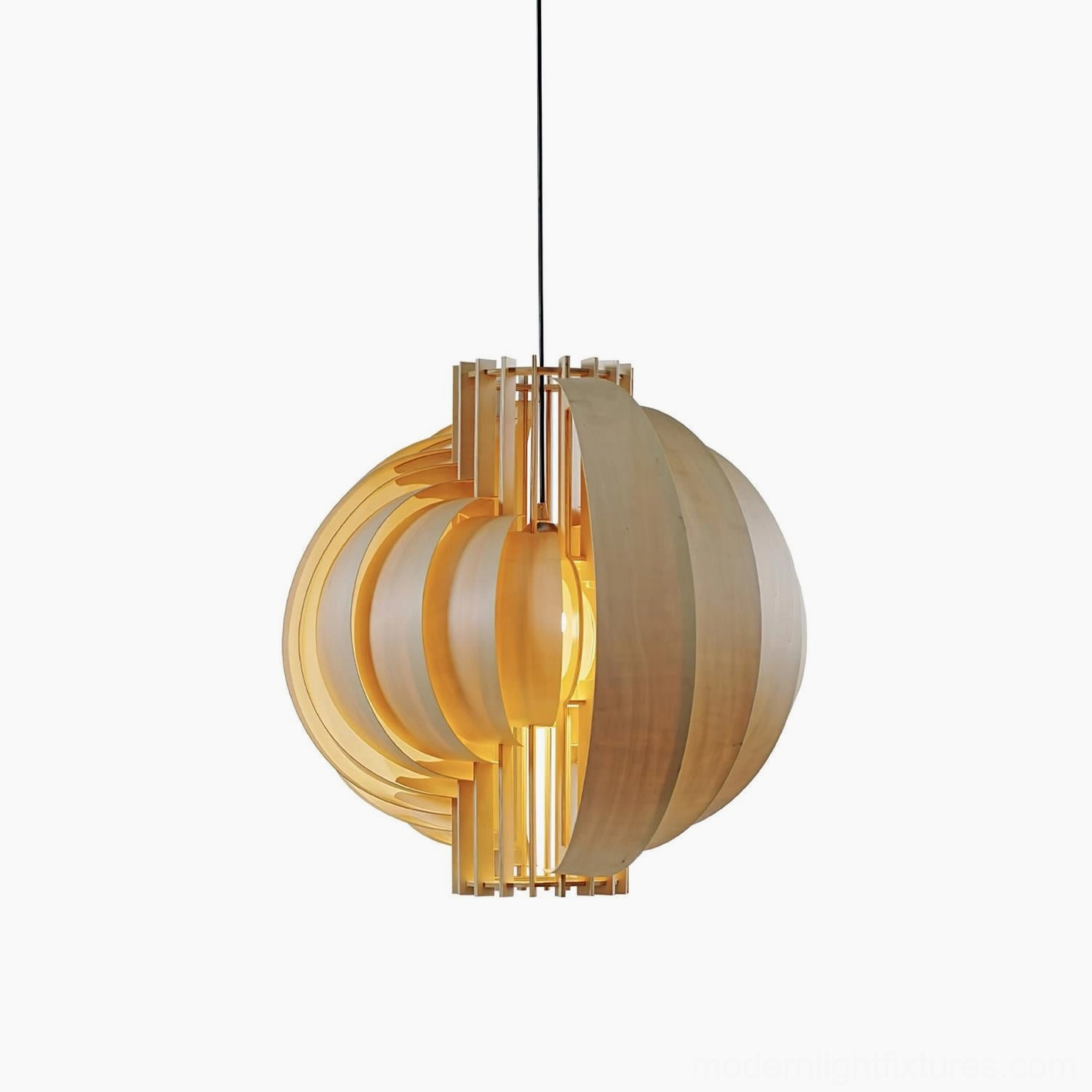 Small 45cm natural wood finish sphere pendant light demonstrating size proportions in residential interior space
