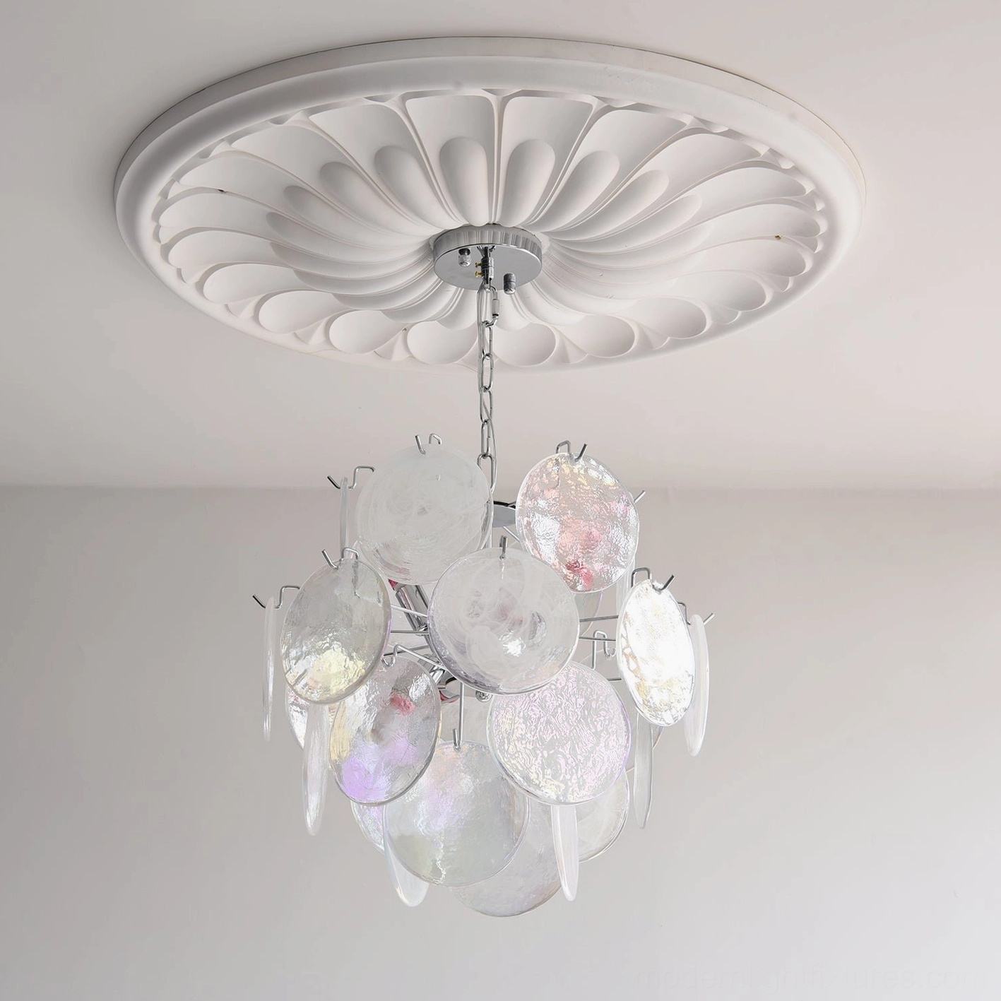Small 50cm iridescent glass disc chandelier showing compact design with six bulbs