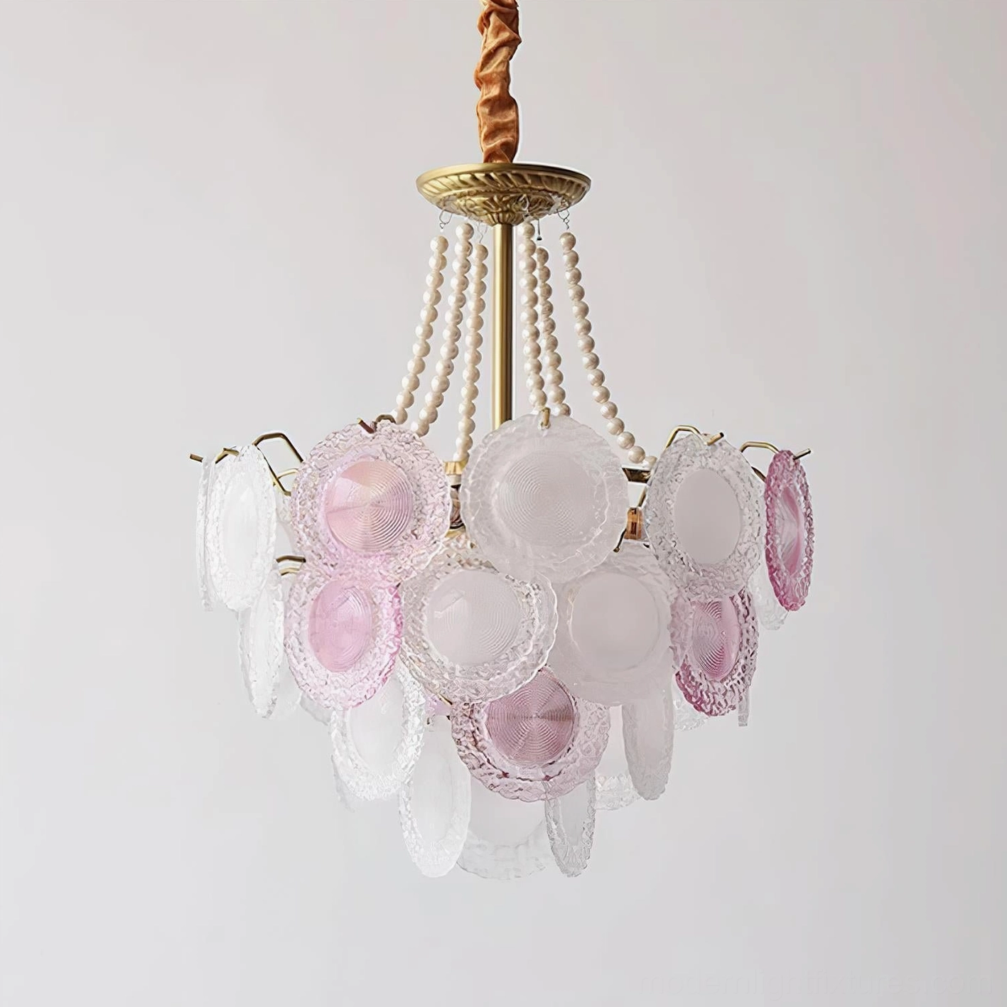 Violaire 50cm small white and pink glass chandelier perfect for bedrooms and compact interior spaces