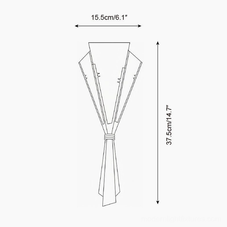 Small wall sconce technical schematic showing dimensional specifications 15.5cm width and 37.5cm height with geometric line illustration