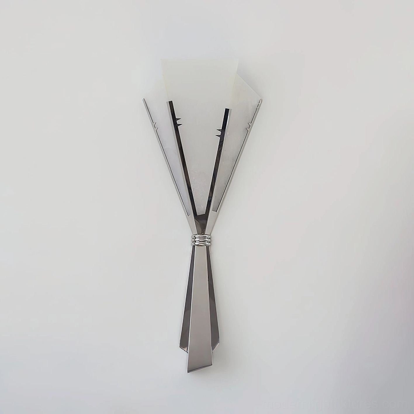 Small Art Deco wall sconce with folded fan silhouette design in chrome and white alabaster finish, profile view