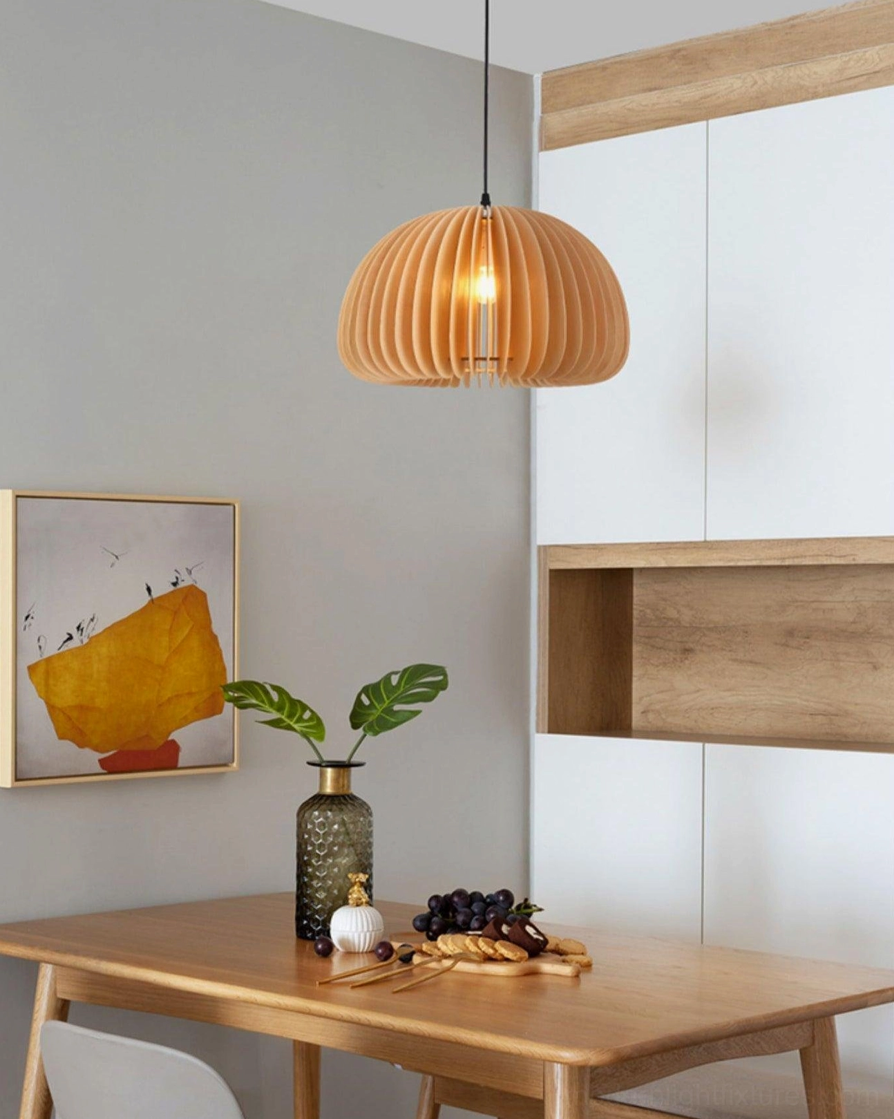 Small pumpkin wood pendant light compact size for intimate dining spaces