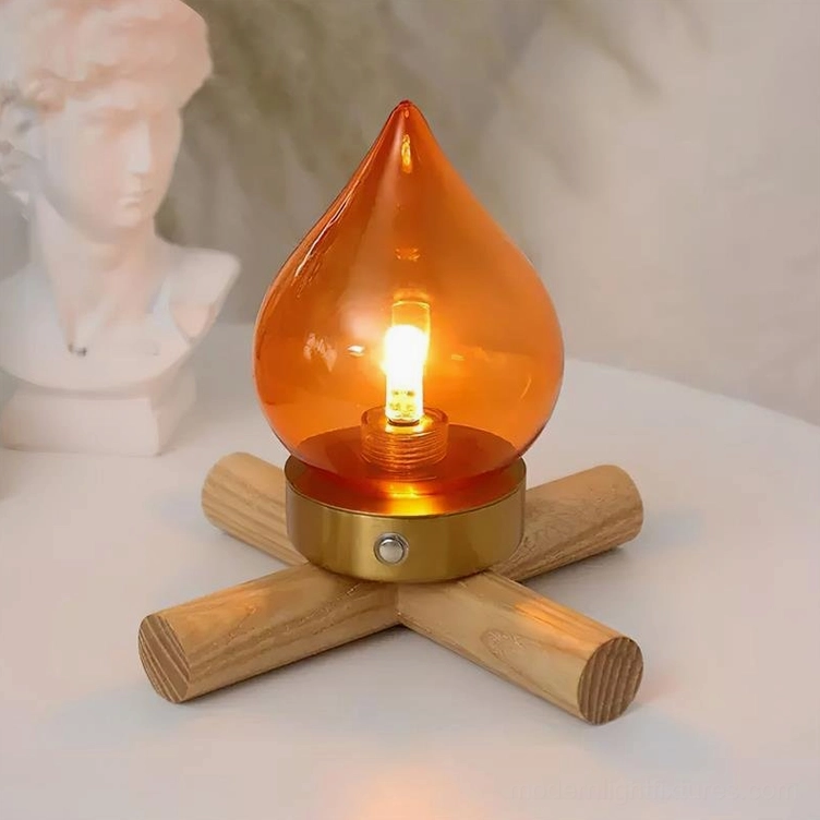 Compact cordless rechargeable lamp in wood color, three-quarter view on living room end table