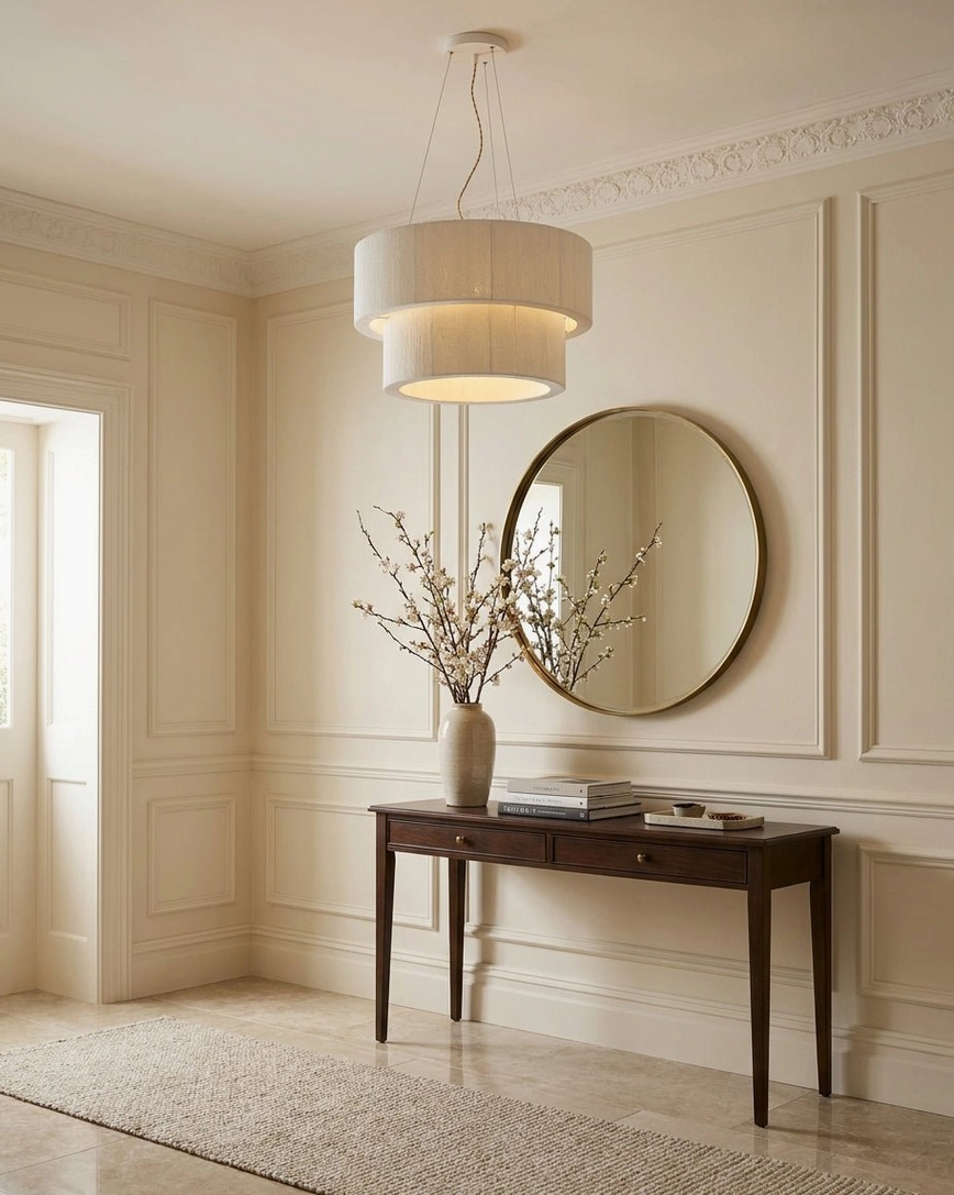 Small cream cotton drum pendant light in entryway foyer with dark wood console table and round wall mirror, intimate soft lighting