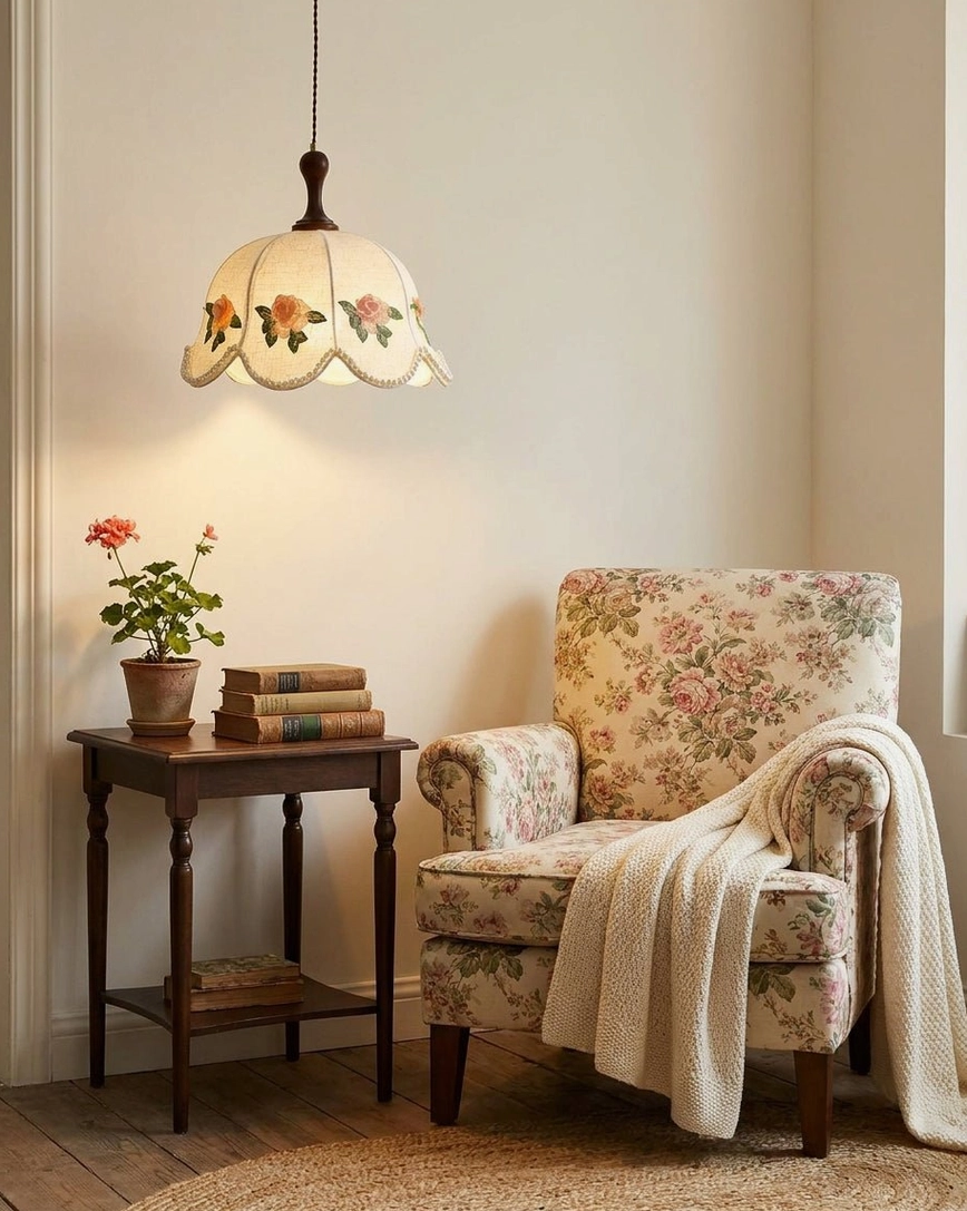 Small scalloped embroidered rose pendant light, eye-level hanging in cozy reading corner with warm neutral décor