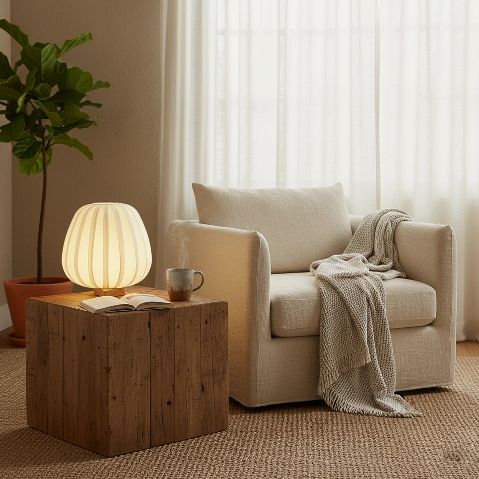 Small fabric table lamp on rustic wooden side block next to upholstered armchair
