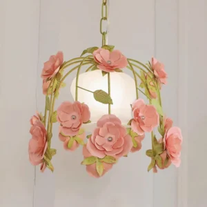 Small rose pendant light 37cm diameter with gem-studded pink flowers and white frosted shade, close-up detail view