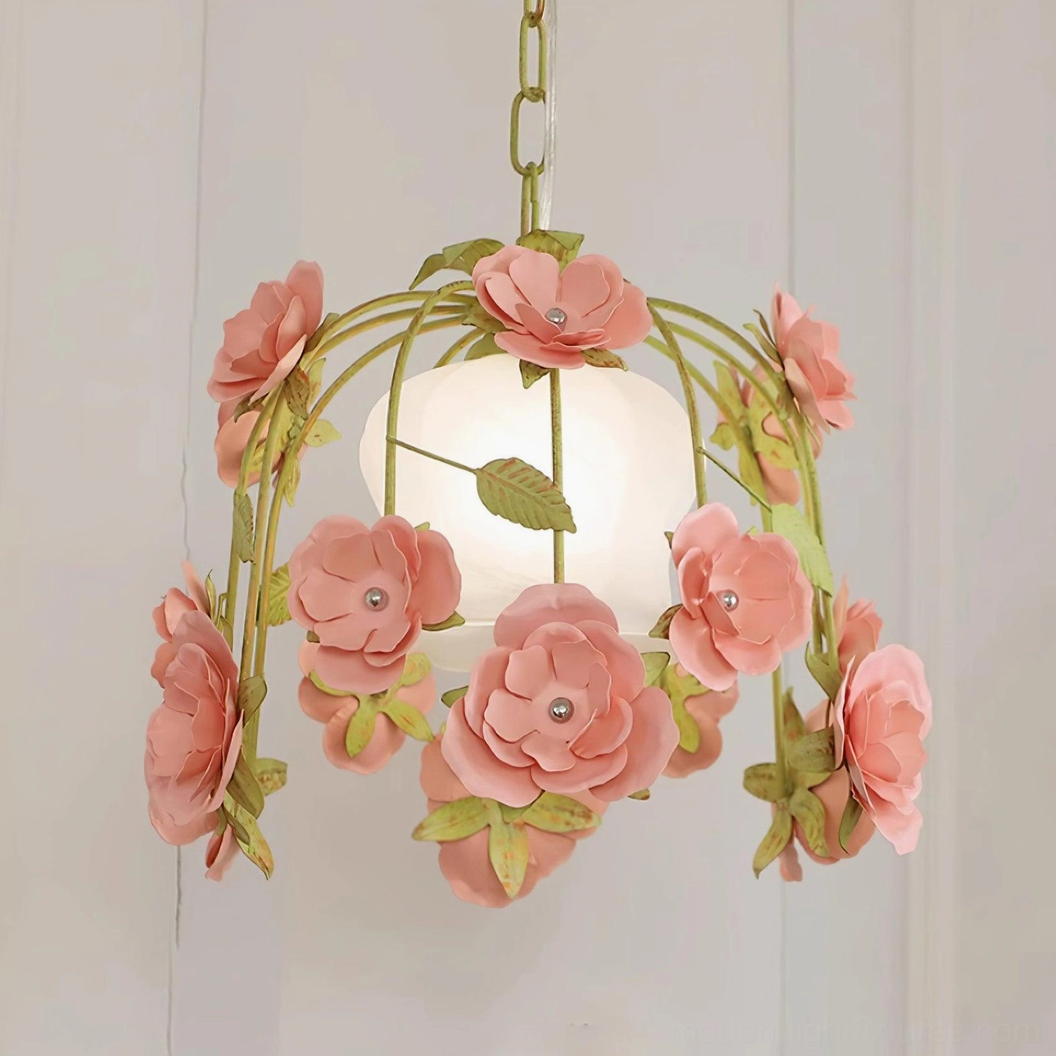 Small rose pendant light 37cm diameter with gem-studded pink flowers and white frosted shade, close-up detail view