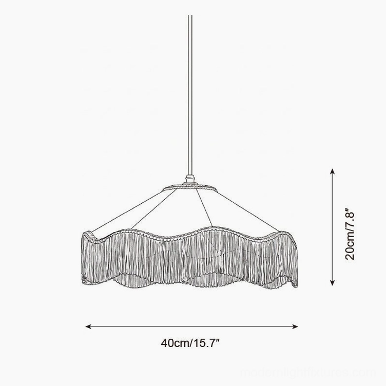 Technical schematic drawing of small 40cm fringe pendant lamp with scalloped shade design front view
