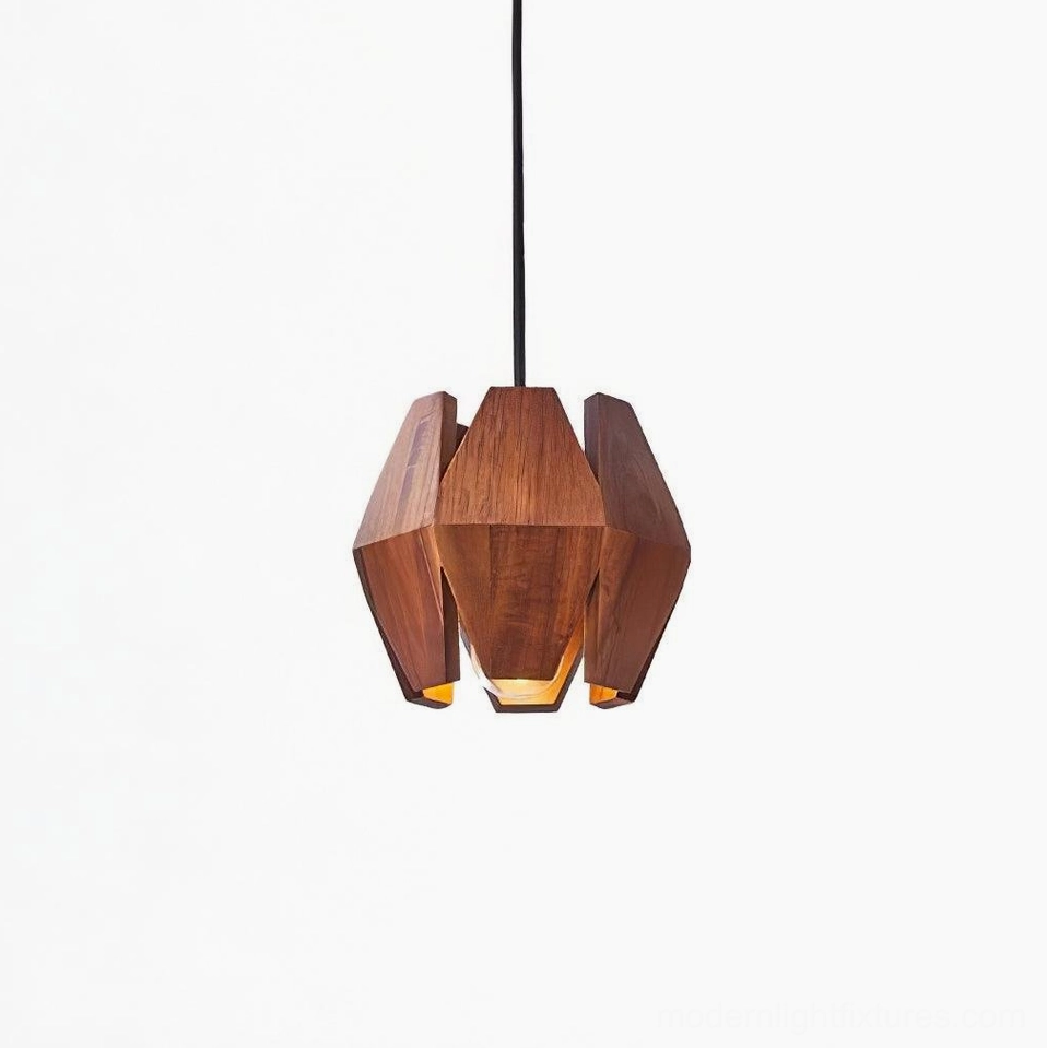 Small geometric wood pendant light with gold metal accents in gold and walnut color option