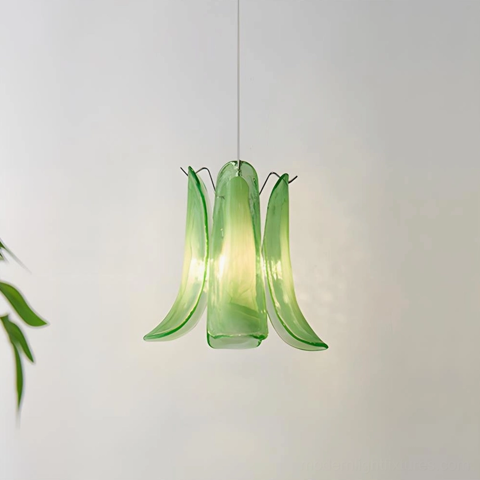 Small Murava green glass petal pendant light in bedroom accent position