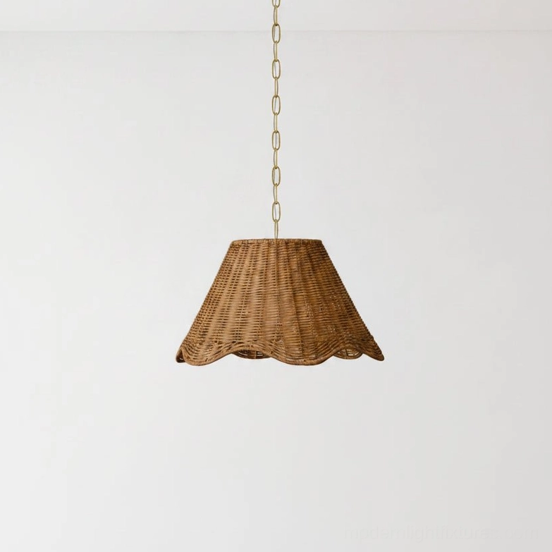 Small size hand-woven rattan pendant light 13.8 inches diameter natural finish warm gold chain