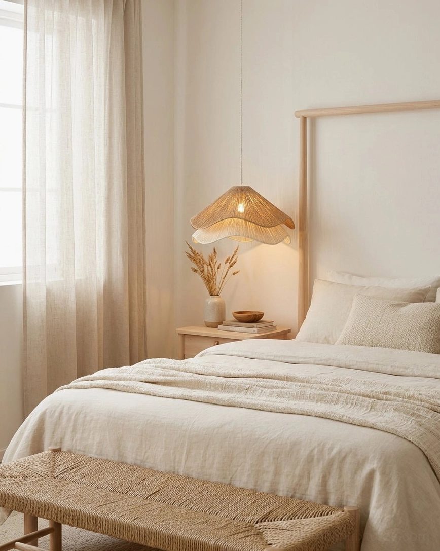 Small handwoven jute tiered pendant light in minimalist neutral bedroom, cozy bohemian ambiance