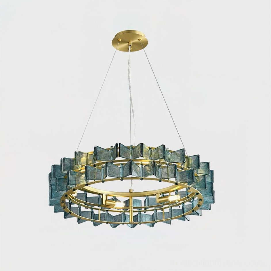 Modern ring chandelier small size teal glass textured blocks brass frame studio photography