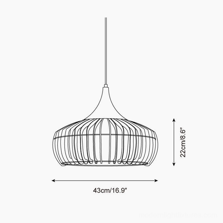 Technical specification drawing of small wood pendant lamp, 43cm diameter x 22cm height dimension line art