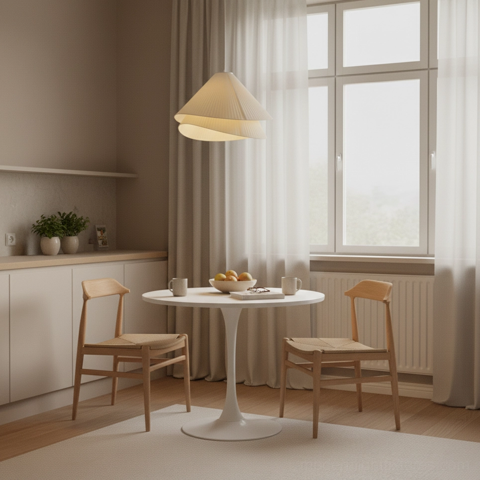 Small pleated fabric pendant light in compact dining nook, minimalist warm beige design