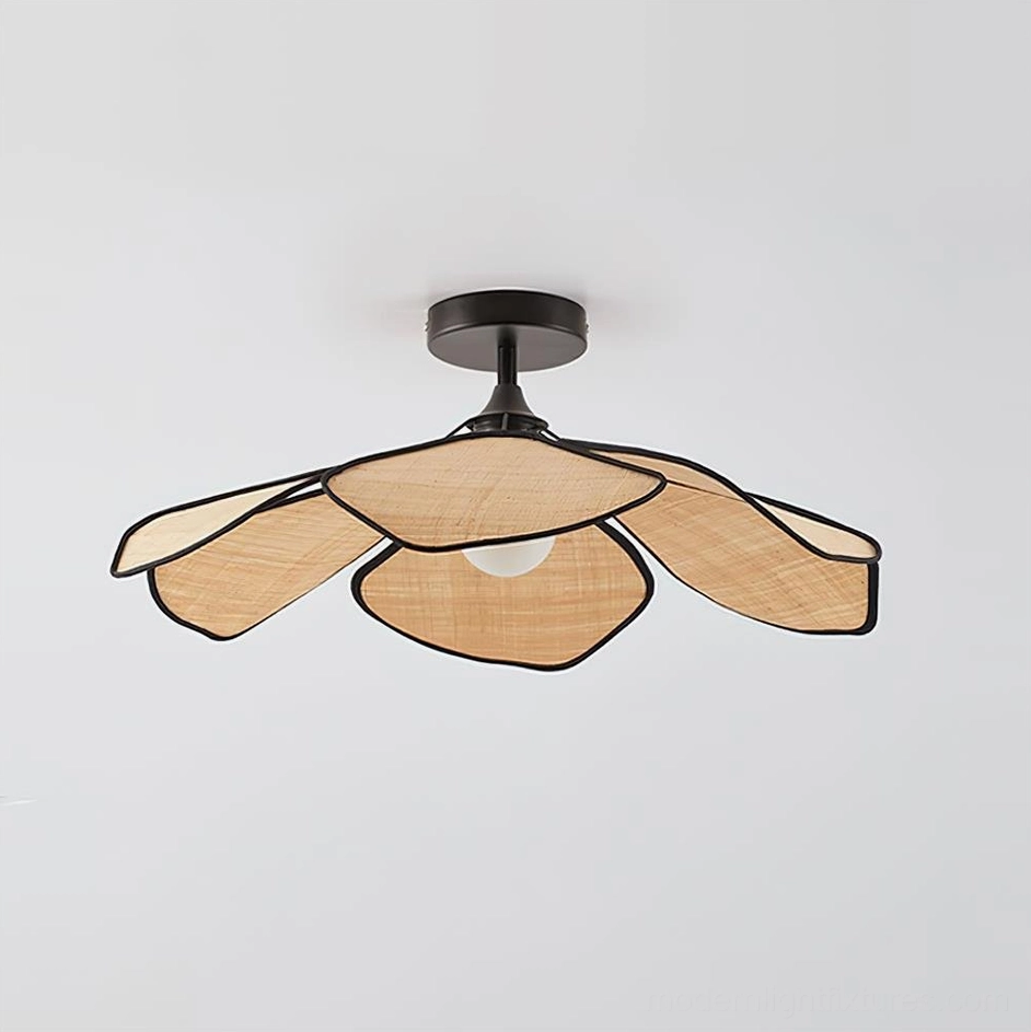 Small 50cm raffia petal semi-flush ceiling light in compact bathroom space with damp-rated natural fiber construction and warm lighting