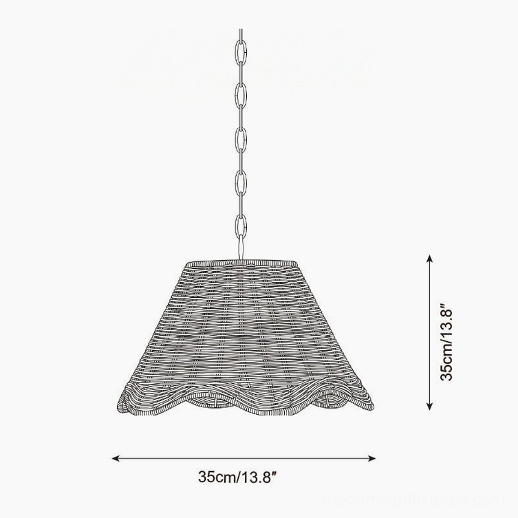 Small size hand-woven rattan pendant light with scalloped edge technical specifications schematic 35cm diameter