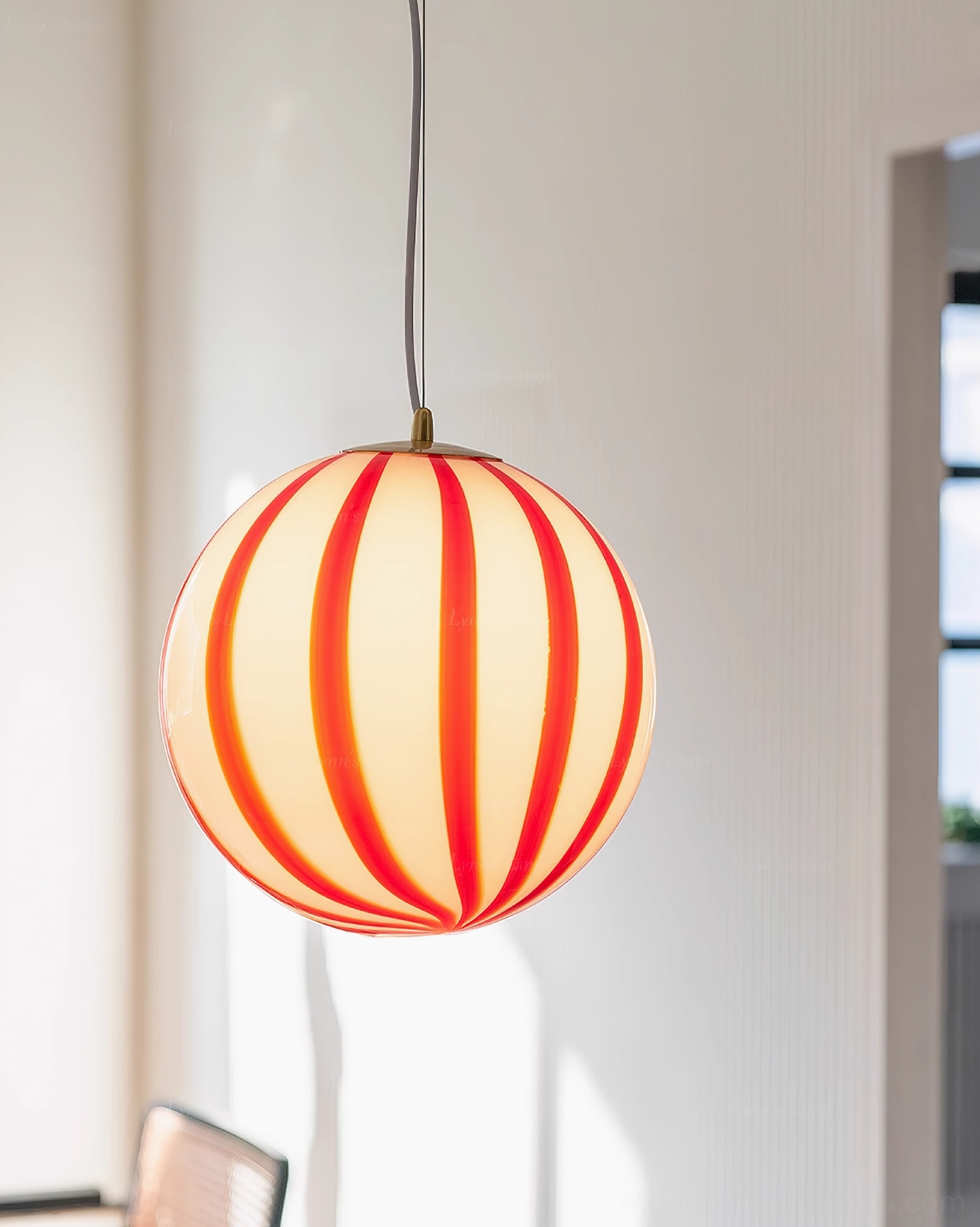 Small 20cm red striped spherical pendant light for compact spaces and accent lighting
