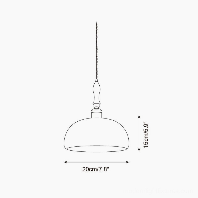 Dimension drawing of small textured resin pendant light, 20cm diameter by 15cm height specification