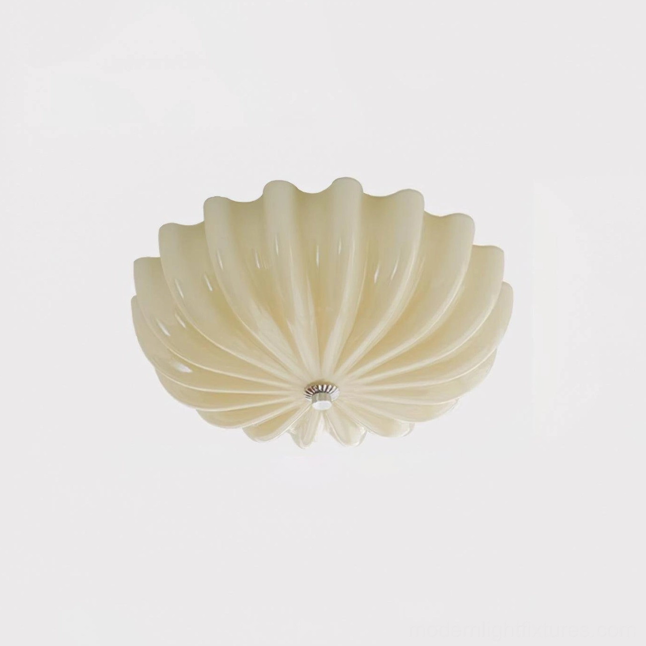 Small 40cm diameter jelly shell ceiling light fixture in warm beige finish, installed in residential space