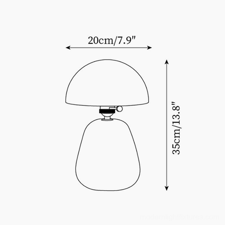 Technical dimension schematic of small oak wood table lamp showing 20cm diameter and 35cm height specifications