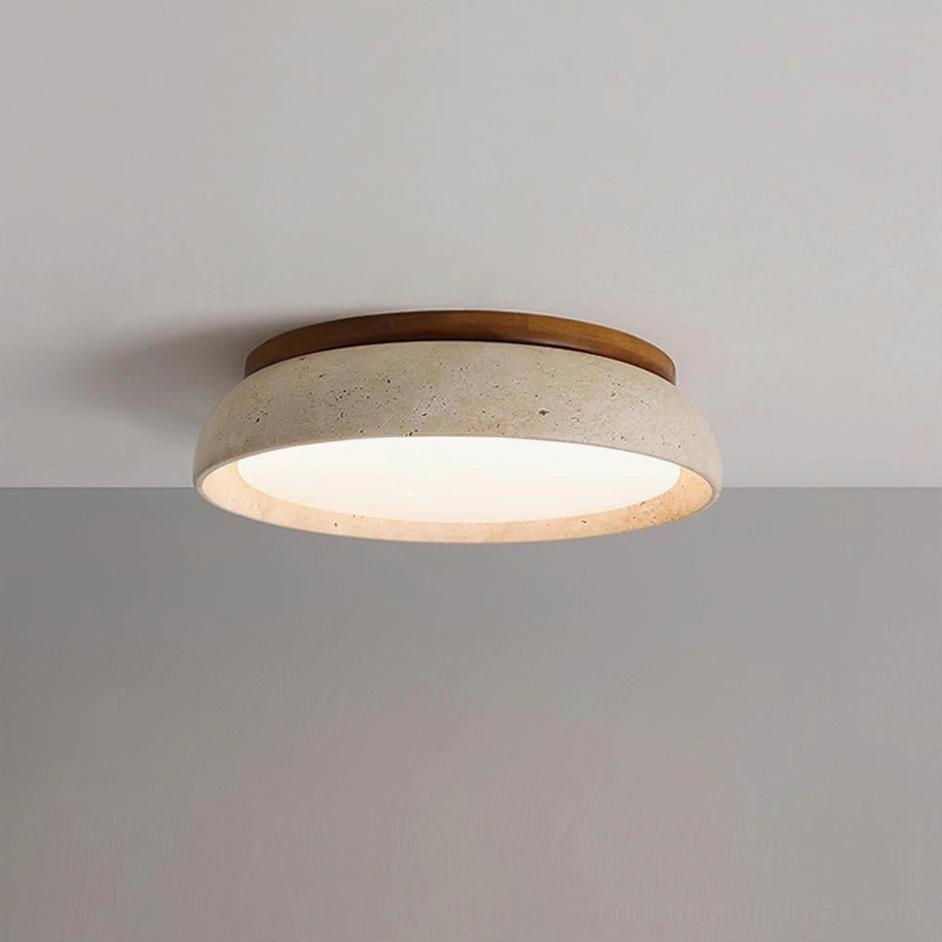 Small size Piedra travertine ceiling light in intimate bedroom creating warm ambient light