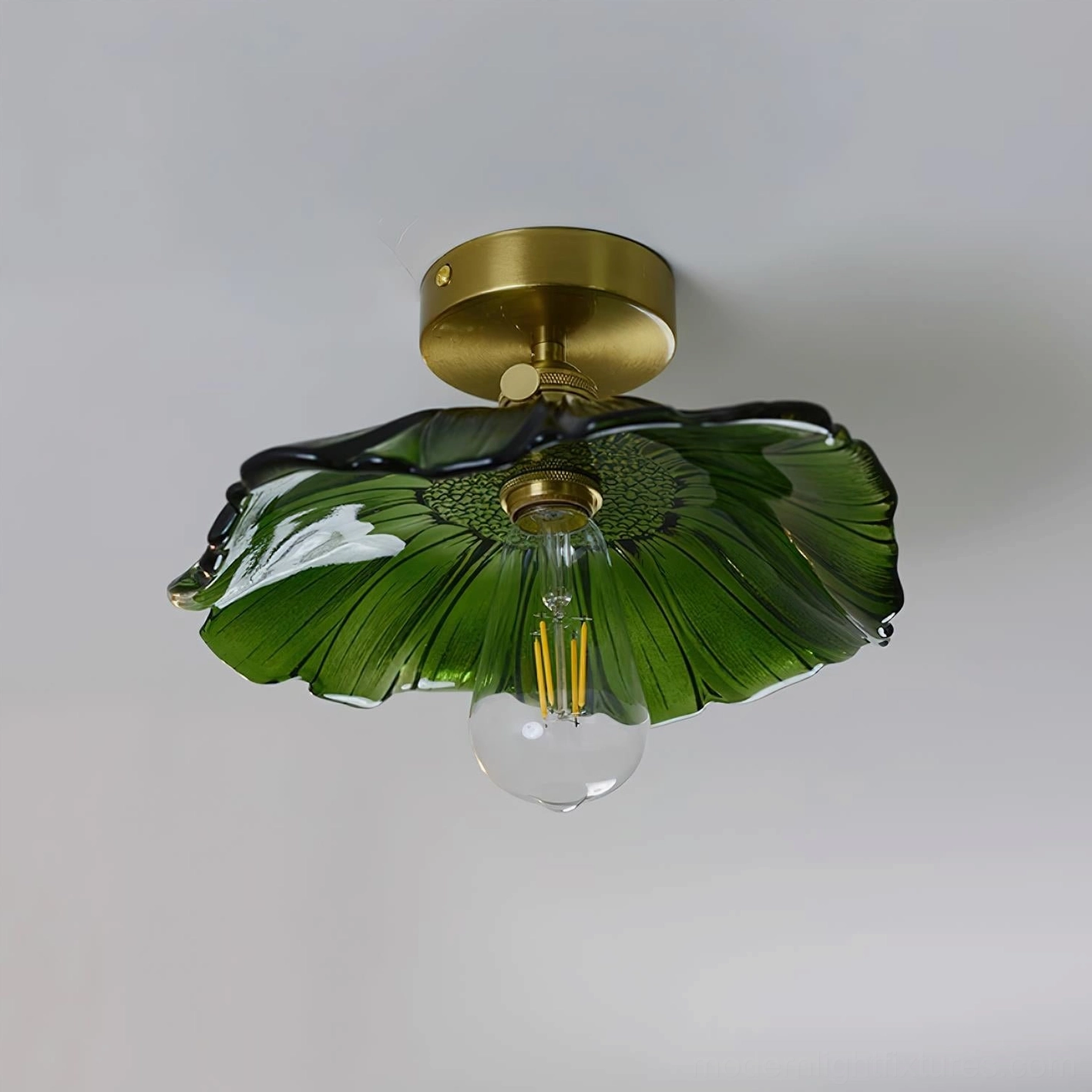 Smoke gray ruffled glass semi-flush ceiling light with brass base, modern minimalist interior