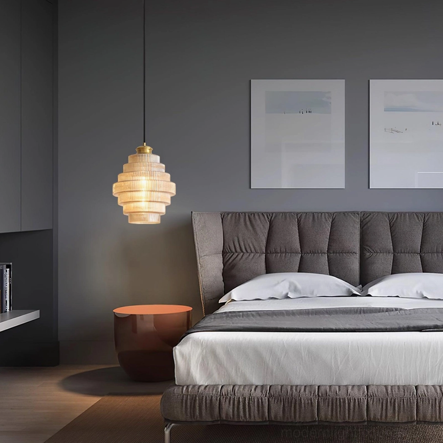 Smoke gray ridged glass pendant light in minimalist bedroom setting, modern luxury fixture