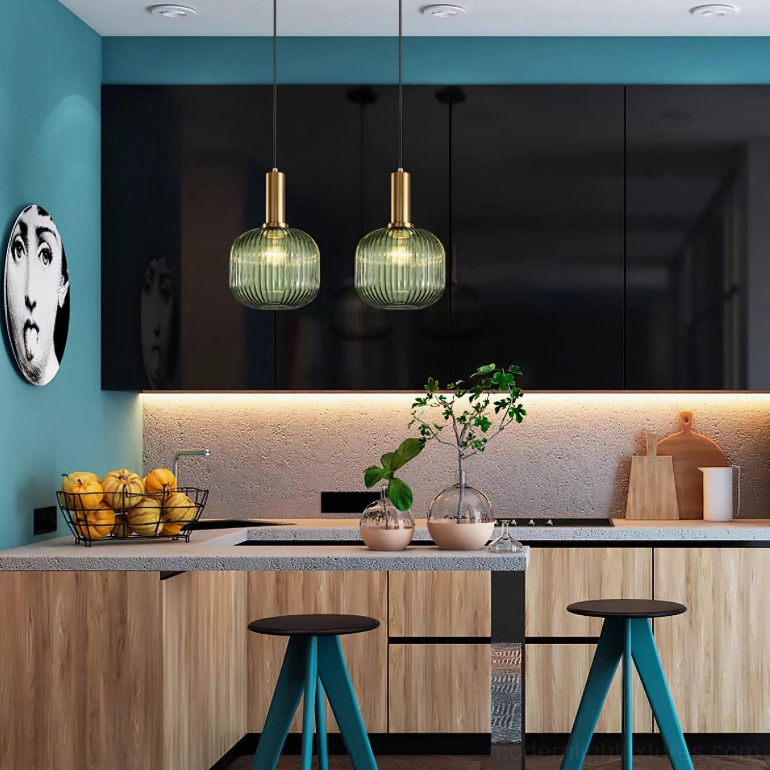 Smoke gray ribbed glass pendant lamp single fixture display showing modern cool-toned minimalist design and ribbing