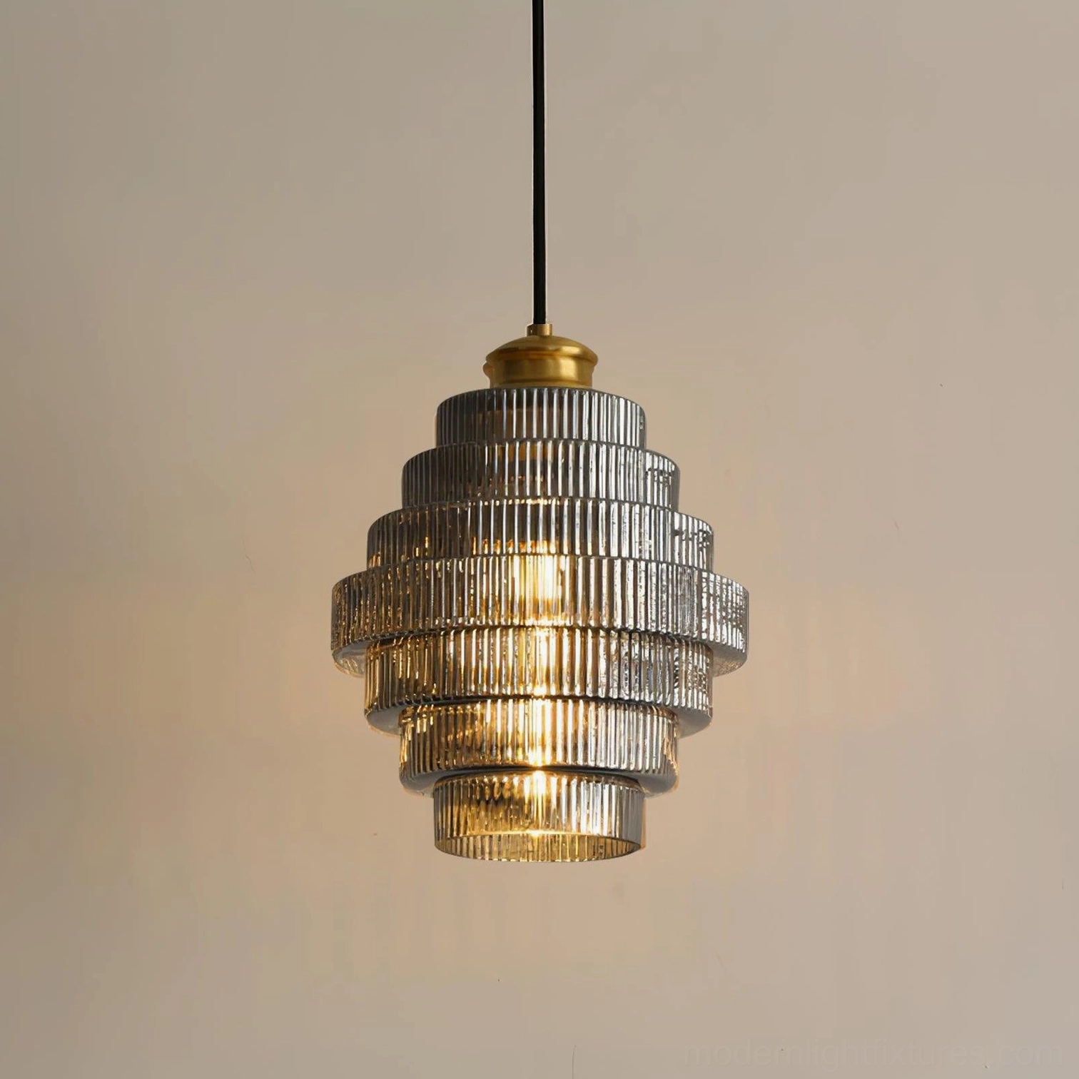 Smoke gray ridged glass pendant light, detailed product view showing glass texture and brass hardware