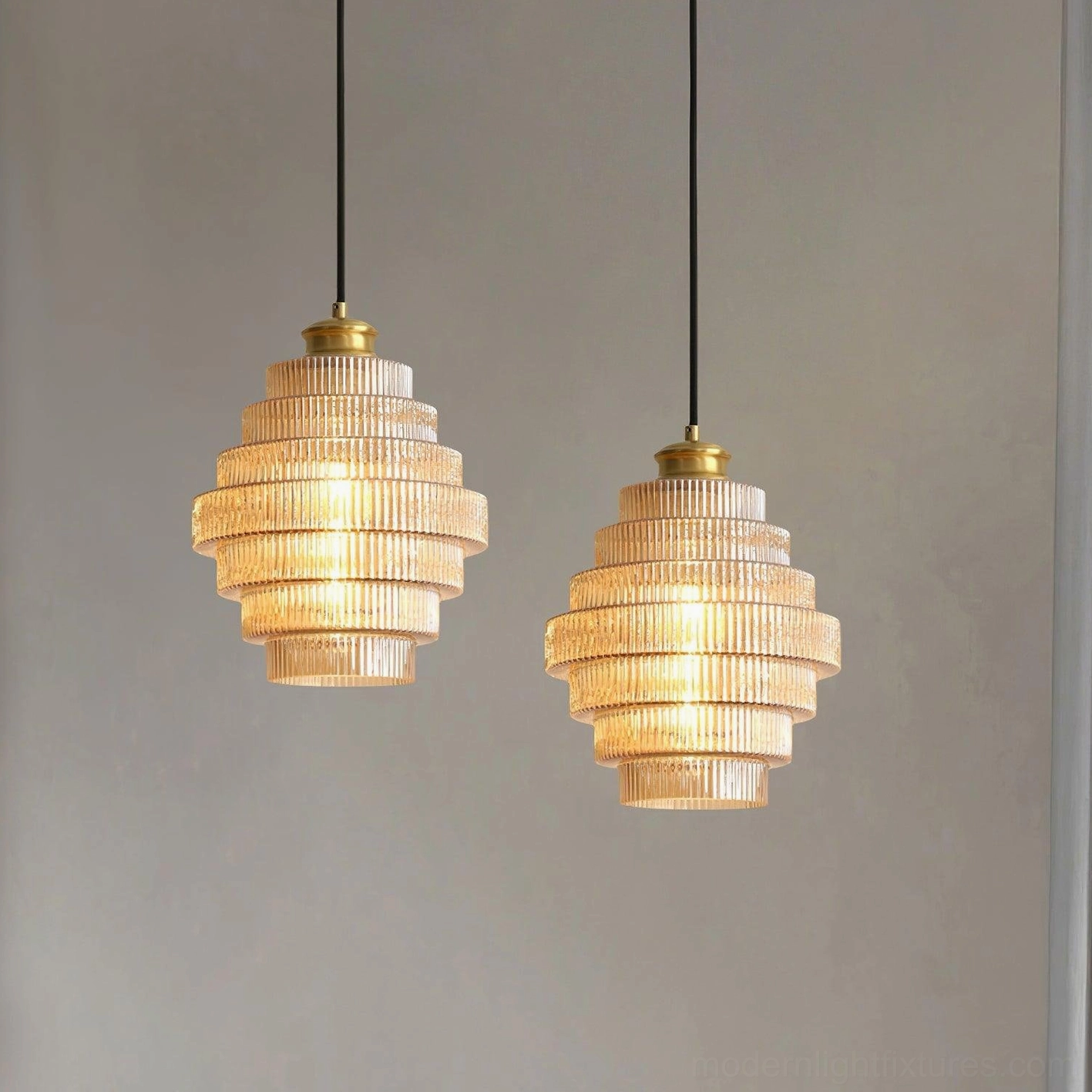 Smoke gray ridged glass pendant light, side angle view showing ribbed texture and refraction